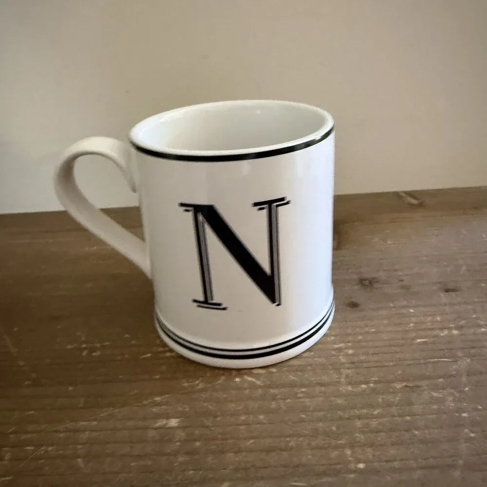 SUR LA TABLE Mug MONOGRAM “N” Initial Letter Handcrafted Stoneware Black White